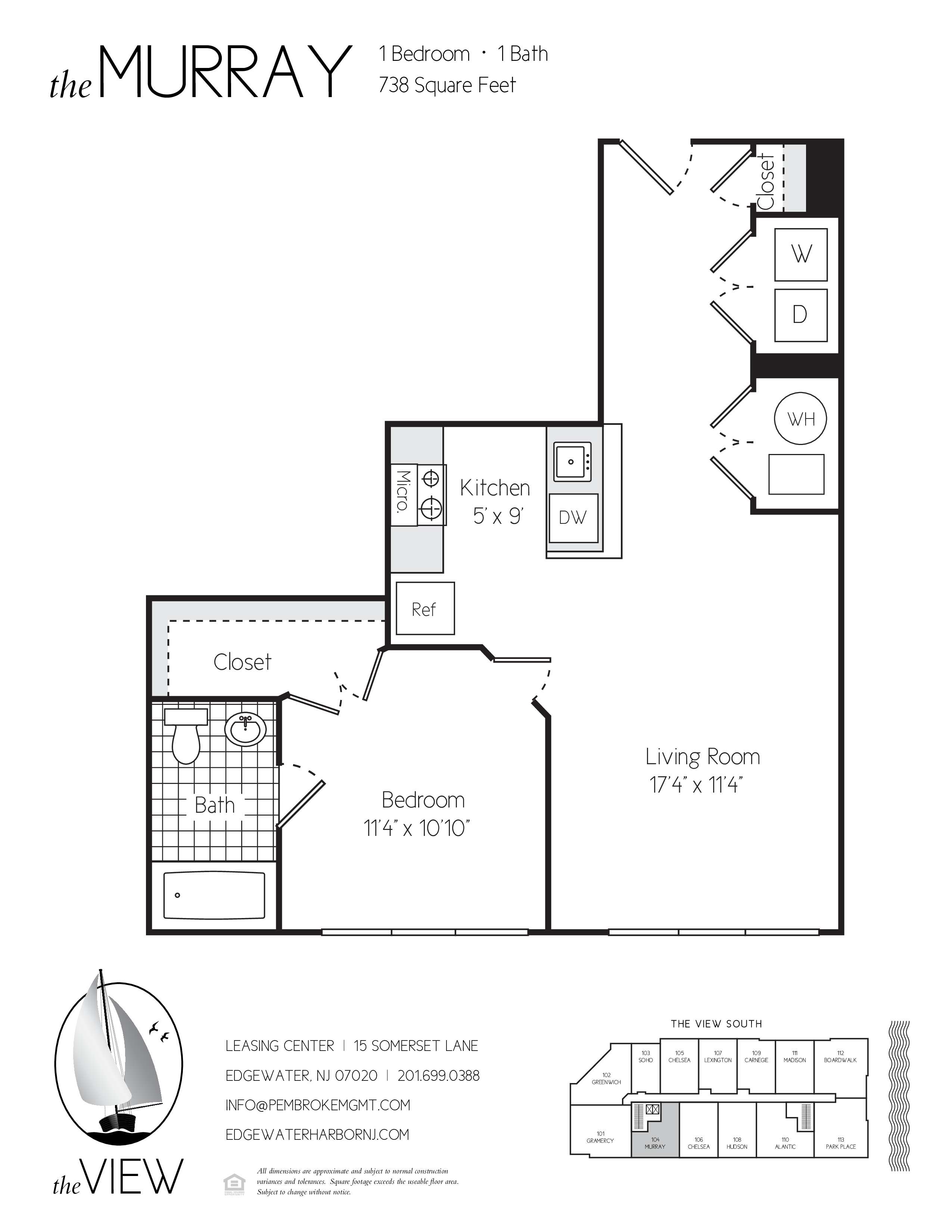 A floor plan for a Murray apartment with a living room, bedroom, kitchen, and closet.