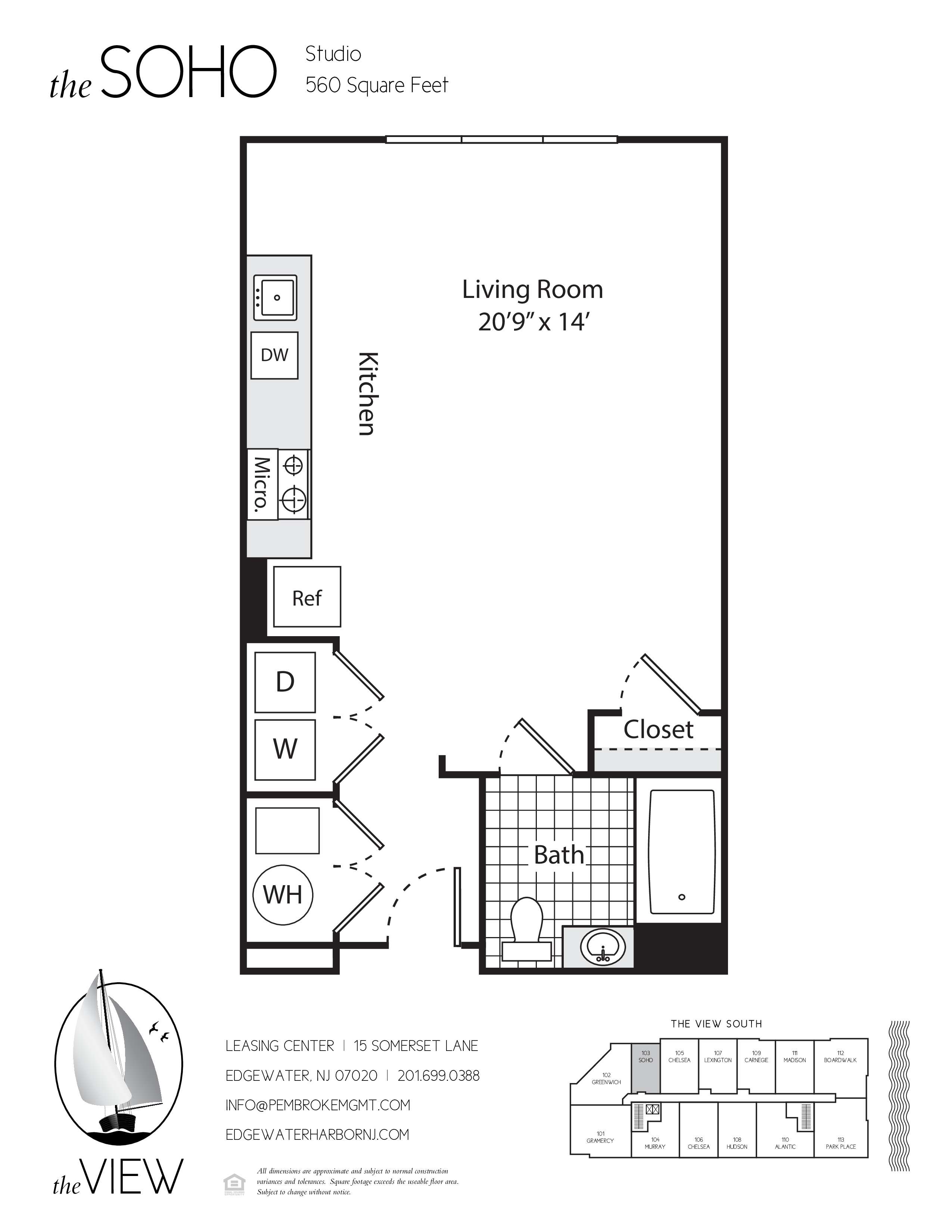 A floor plan for a SOHO Studio at 560 square feet with a living room, kitchen, bath, and closet.