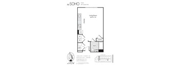 A floor plan for a SOHO Studio at 560 square feet with a living room, kitchen, bath, and closet.