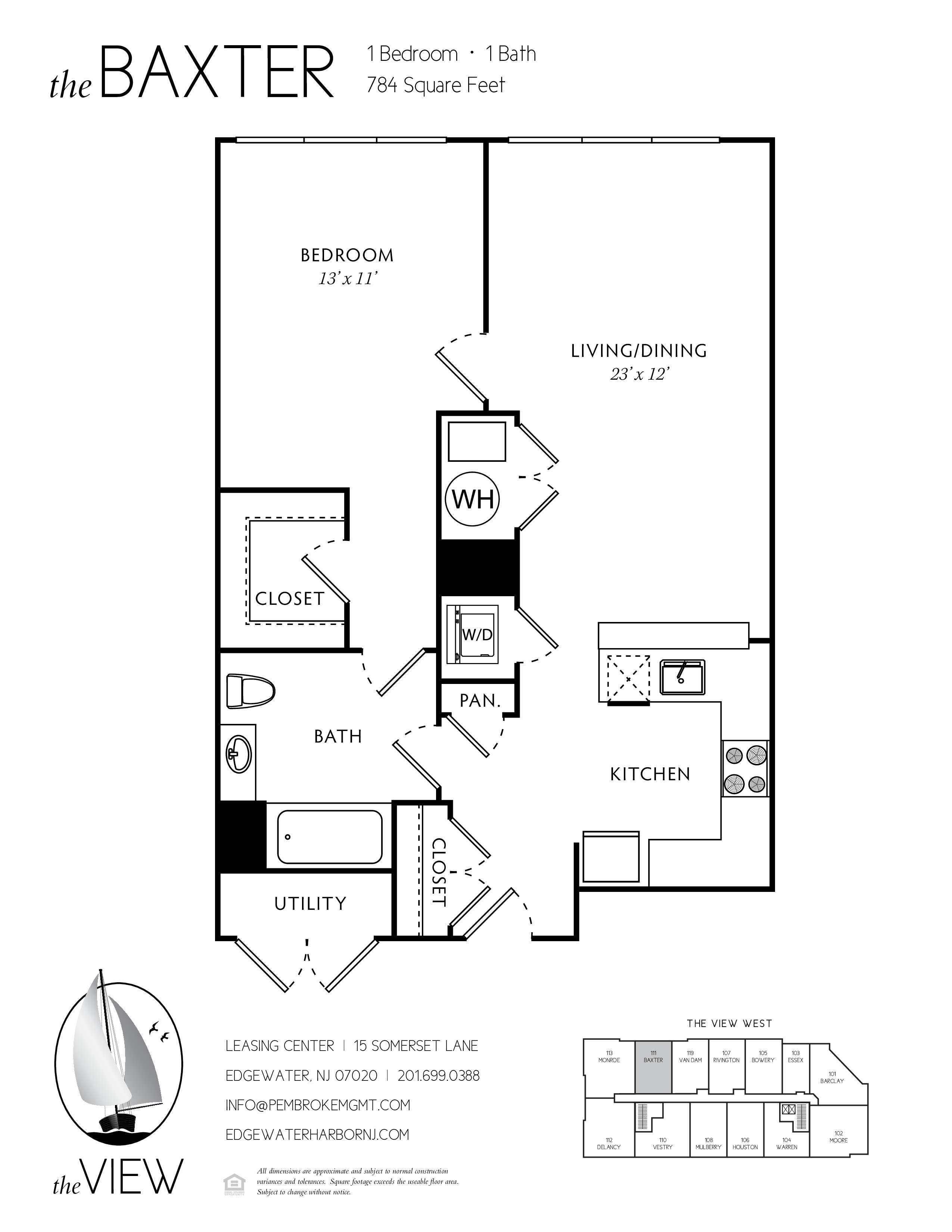 A floor plan for an apartment at the Baxter shows a bedroom, living/dining area, kitchen, bathroom, and closet.