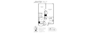A floor plan for an apartment at the Baxter shows a bedroom, living/dining area, kitchen, bathroom, and closet.