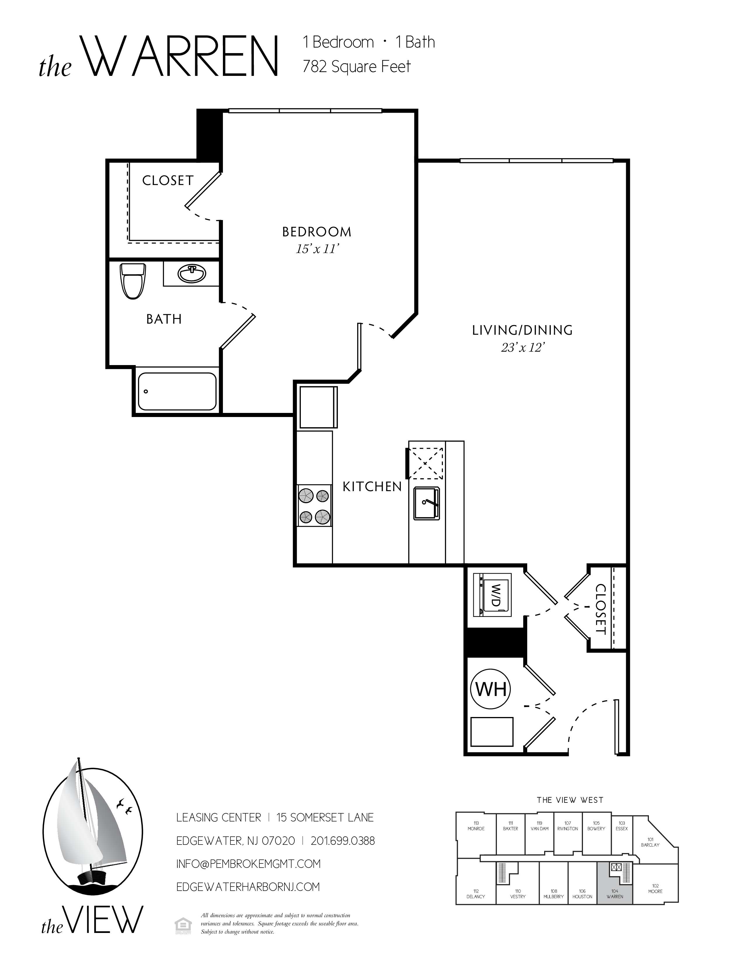 A floor plan for an apartment at the Warren, showing a bedroom, bathroom, living/dining area, and kitchen.