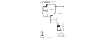 A floor plan for an apartment at the Warren, showing a bedroom, bathroom, living/dining area, and kitchen.