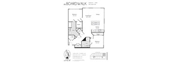 A black and white diagram of a house layout with a living room, dining room, two bedrooms, two bathrooms, a kitchen, and a closet.