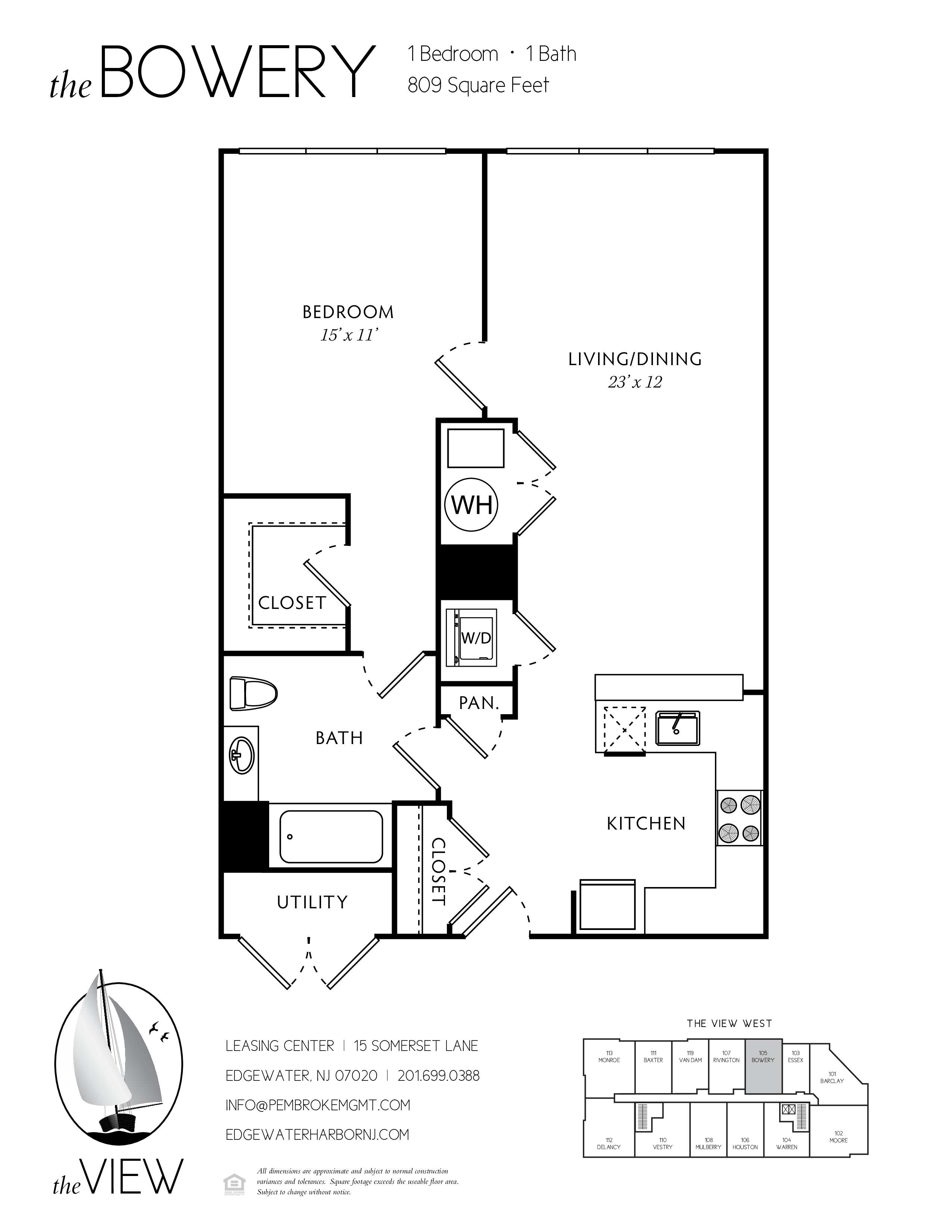 A black and white drawing of a house layout with a bowery logo in the top left corner.