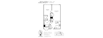 A black and white drawing of a house layout with a bowery logo in the top left corner.