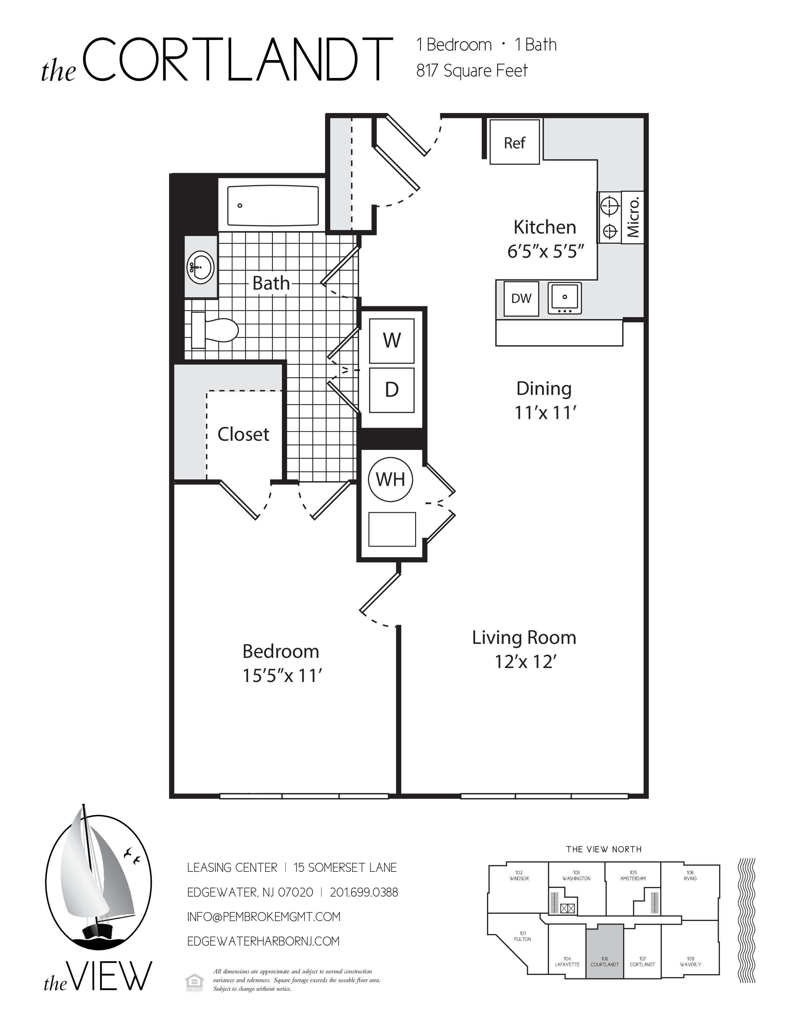 A floor plan for a property called The Cortlandt shows a living room, dining room, kitchen, and two bedrooms.