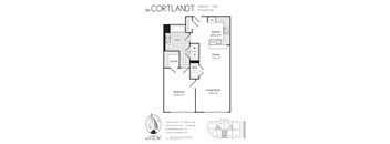 A floor plan for a property called The Cortlandt shows a living room, dining room, kitchen, and two bedrooms.