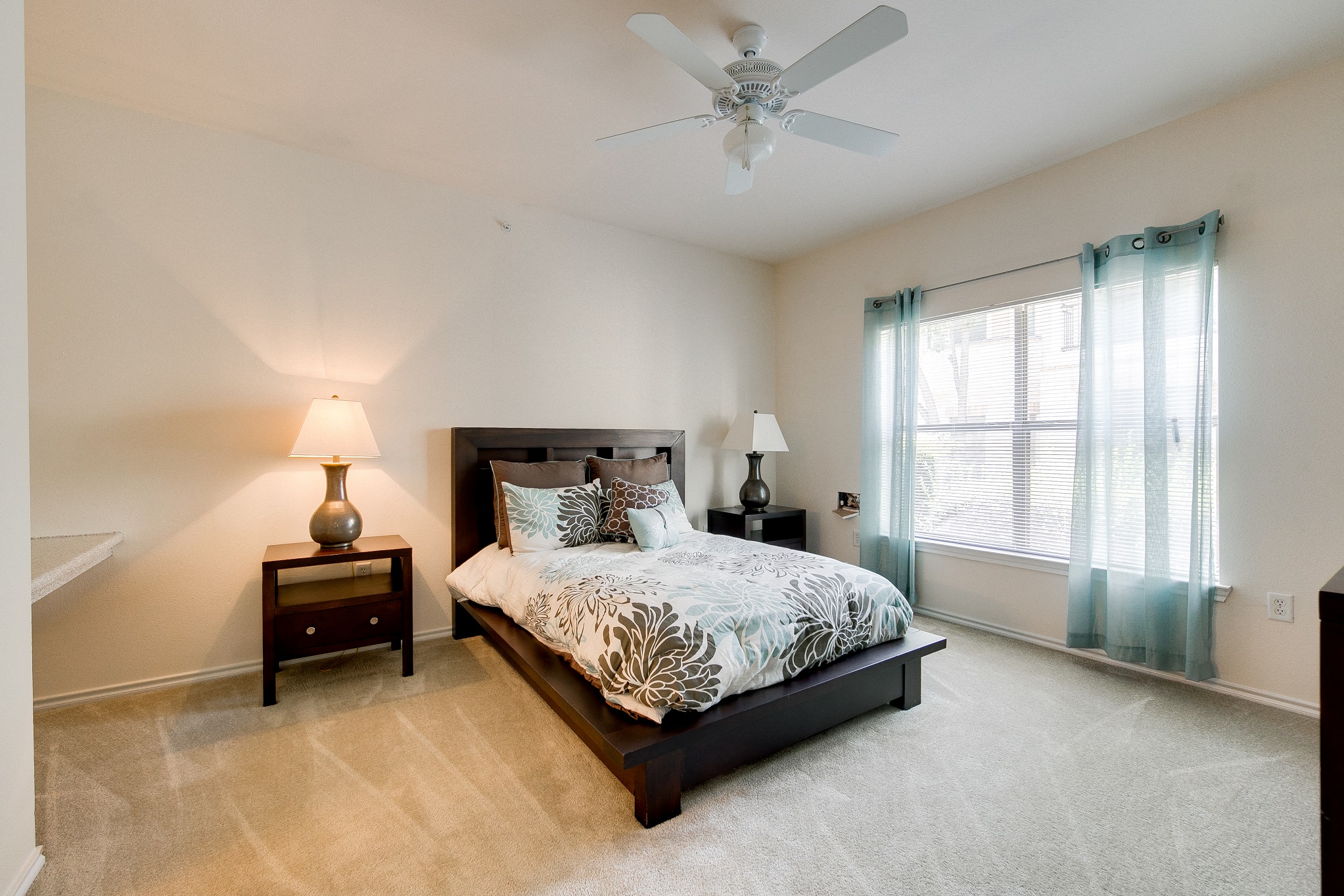 Three-Bedroom Apartments in Grand Prairie, TX - Forum at Grand Prairie - Spacious Bedroom With High Ceilings, a Ceiling Fan, Carpet Flooring, and a Large Window with Blinds