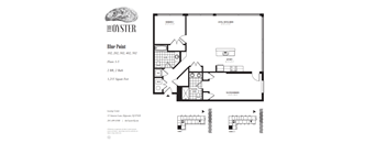 A floor plan for a property at Blue Point shows a 2 bedroom, 2 bath home with a garage.