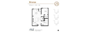 A floor plan for a 1 bedroom apartment at 733 Sq. Ft.