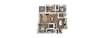 A top-down view of a modern apartment layout with a kitchen, living room, and bedrooms.