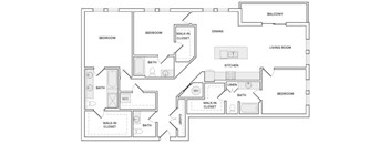 A floor plan of a house with labeled rooms such as bedrooms, a bath, a kitchen, a dining room, a living room, and a balcony.