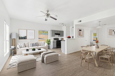 Spacious living room with modern design at Huntington Meadows Apartments in Austin, TX 78724, ideal for residents in East Austin.