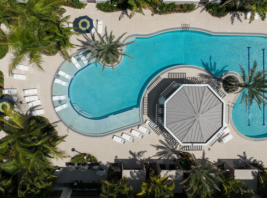 Boca Raton Apartments - CERU - aerial view of resort style pool and sundeck