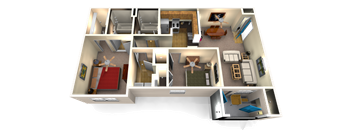 A 3D rendered image of a house layout.