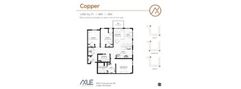A floor plan for a 1,282 square foot, three bedroom, two bathroom apartment with balcony and patio.