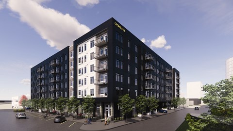 a rendering of a new hotel on a city street