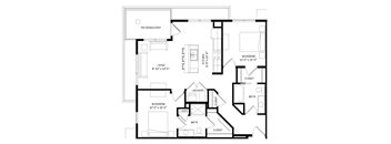 A black and white image of a house floor plan with a living room, two bedrooms, a bathroom, a laundry room, and a patio/balcony.