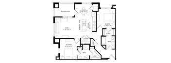A black and white image of a house floor plan with a living room, dining room, kitchen, laundry room, and two bedrooms.