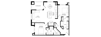 A black and white image of a house floor plan with a living room, two bedrooms, a bathroom, a laundry room, and a patio.
