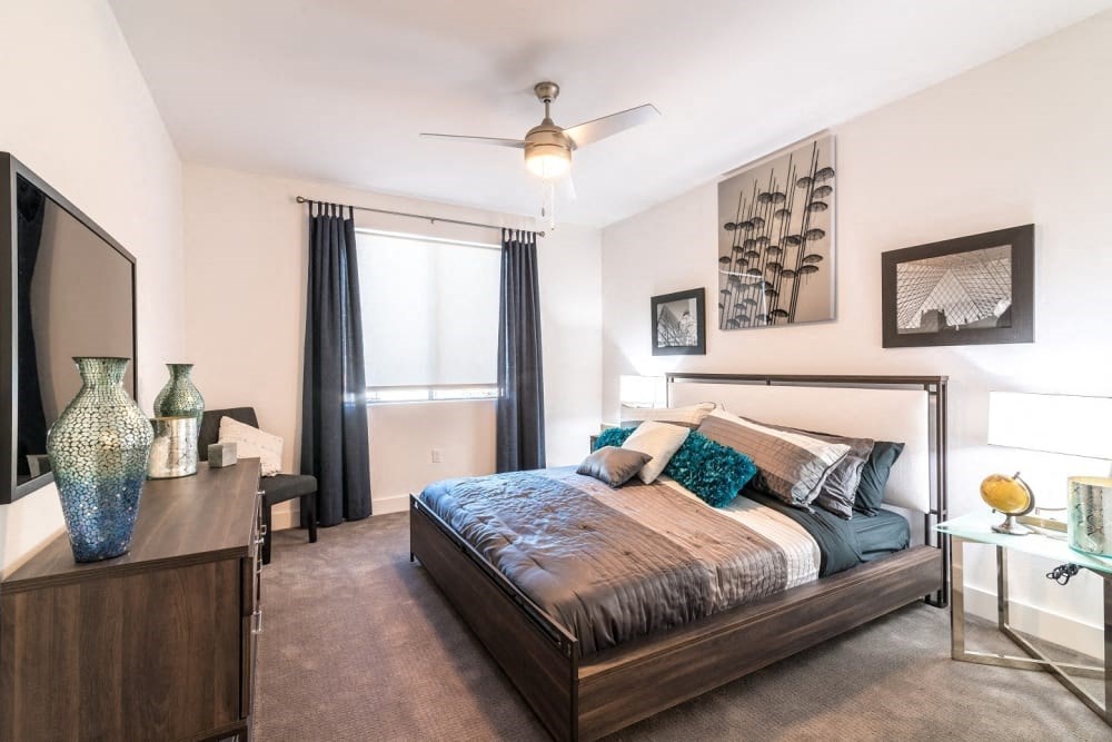 A bedroom with a tv and dresser and window and ceiling fan and large bed and carpet