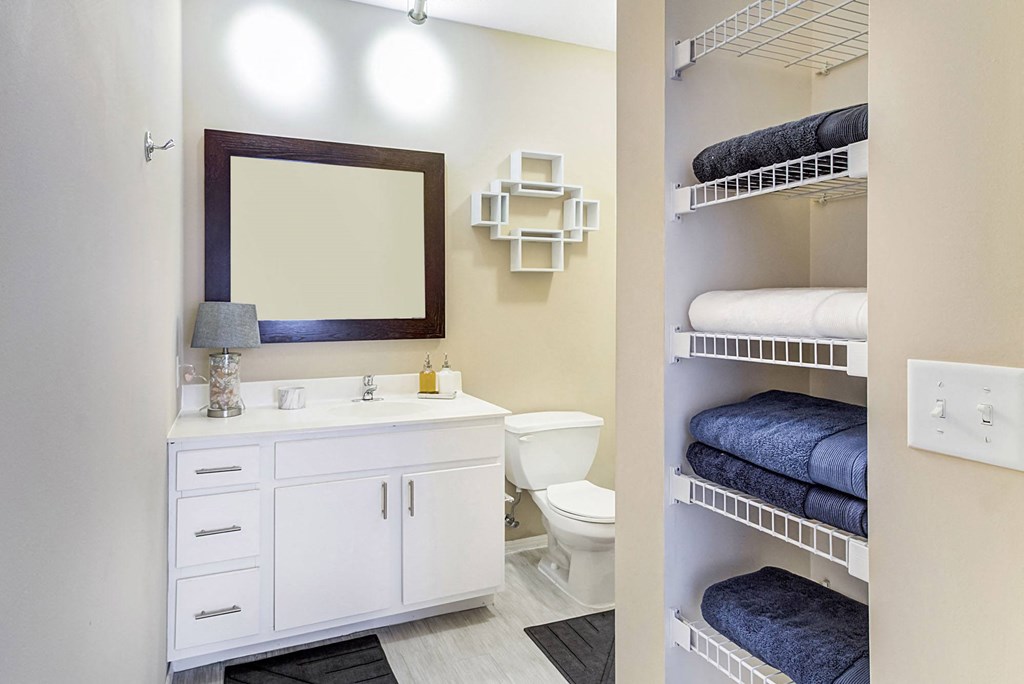 Bathroom With Vanity Lights at Uptown Lake Apartments, Minneapolis, Minnesota