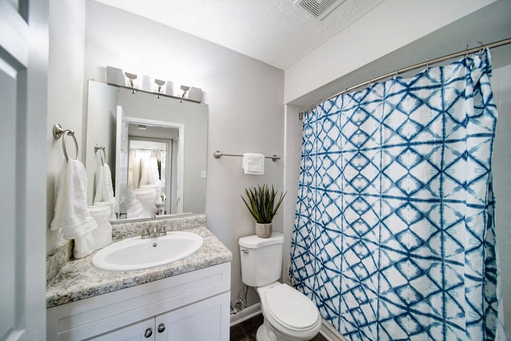 a bathroom with a blue and white shower curtain