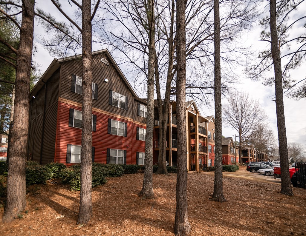Exterior of apartment building at Flats at River View in Duluth, GA, near Lawrenceville.