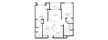 A black and white image of a house floor plan with a living room, two bedrooms, a bathroom, a dining area, and a kitchen.