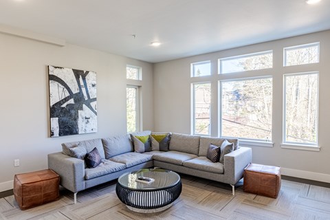 A living room with a grey couch and a coffee table at Emerald Crest, Bothell, Washington