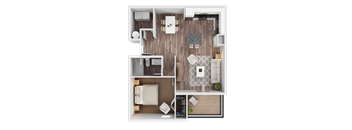 A top-down view of a modern apartment layout with a living room, kitchen, and bedroom.