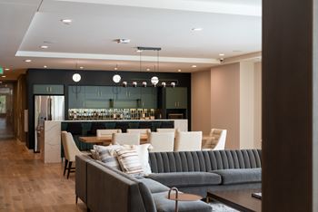 A modern living room with a grey sofa and a bar area.