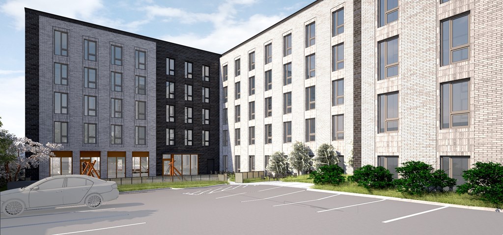 a computer generated image of a two story apartment building with a car parked in front of it