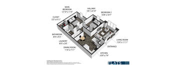 A 3D floor plan of a house showing the layout of the rooms.