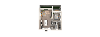 A floor plan of a small apartment with a kitchen, living room, and bathroom.