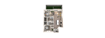 A top-down view of a house layout with a kitchen, living room, and two bedrooms.