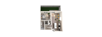 A 3D floor plan of a house with a kitchen, living room, and two bedrooms.