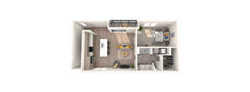 A 3D rendered image of a modern kitchen and living room.