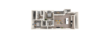 A 3D floor plan of a small apartment with a kitchen, living room, and bathroom.