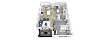 A 3D floor plan of a small apartment with a kitchen, living room, and bathroom.