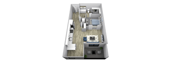 A 3D floor plan of a small apartment with a kitchen, living room, and bedroom.