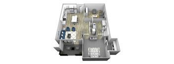 A 3D floor plan of a house with a kitchen, living room, dining room, and bathroom.