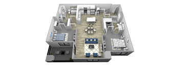 A 3D floor plan of a house with a kitchen, living room, and bedrooms.