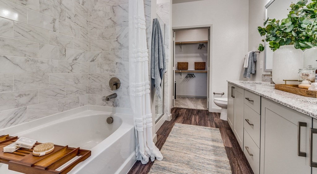 a bathroom with a tub and a sink and a toilet