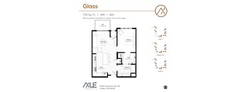 A floor plan for a 1 bedroom, 1 bathroom apartment at the Glass apartment complex.