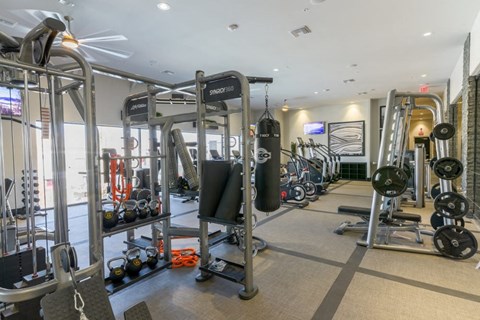 Summerlin, NV, Luxury Apartments Near Red Rock Canyon - EVO Apartments - Fitness Center With Strength Training Equipment, Cardio Machines, Free Weights, A Punching Bag, And Ceiling Fans.
