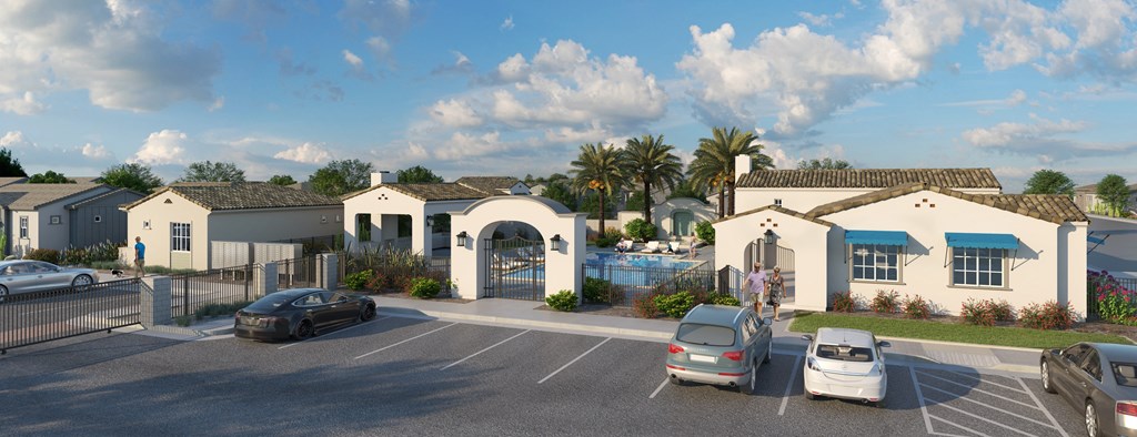a rendering of a subdivision with cars parked in a parking lot