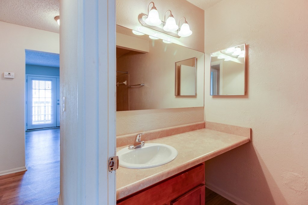 a bathroom with a sink and a mirror