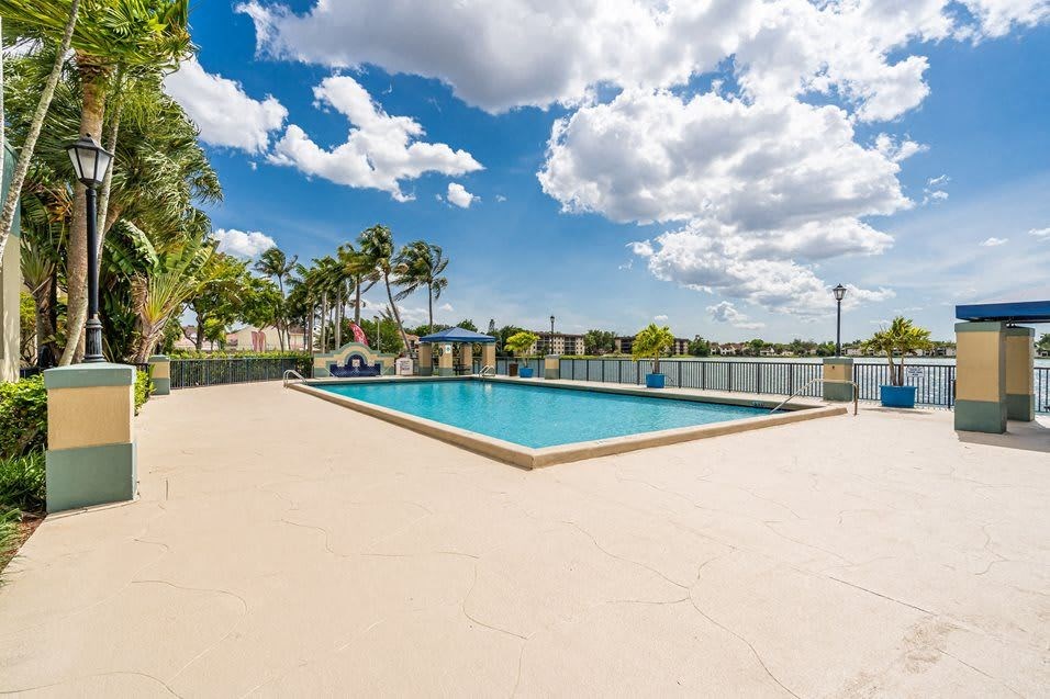 Outdoor swimming pool with palm trees and waterfront view under a bright blue sky.